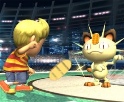 Meowth throws another coin at Lucas