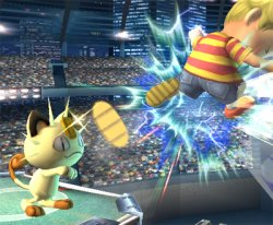 Meowth throws a coin at Lucas